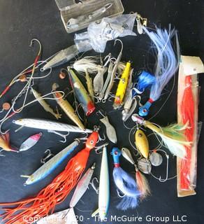 Group of Large Vintage Fishing Lures in Bright Colors and Materials. 