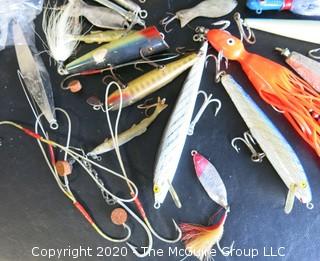 Group of Large Vintage Fishing Lures in Bright Colors and Materials. 