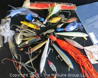 Group of Large Vintage Fishing Lures in Bright Colors and Materials. 