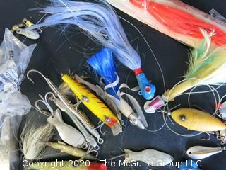 Group of Large Vintage Fishing Lures in Bright Colors and Materials. 