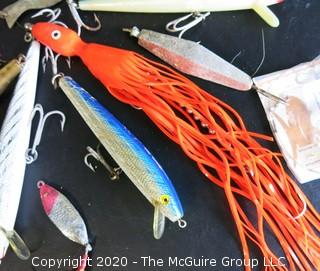 Group of Large Vintage Fishing Lures in Bright Colors and Materials. 
