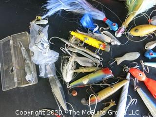 Group of Large Vintage Fishing Lures in Bright Colors and Materials. 