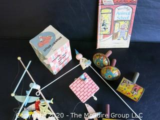 Group of Vintage Children's Toys and Mobile.
Includes Metal Toy Rifle & Three Pressed Tin Noise Makers, 