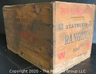 Winchester Staynless Small Arms Ammunition Loaded Shot Shells Wood Crate.  Measures approximately 14" x 9" x 9".
