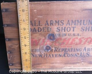 Winchester Staynless Small Arms Ammunition Loaded Shot Shells Wood Crate.  Measures approximately 14" x 9" x 9".
