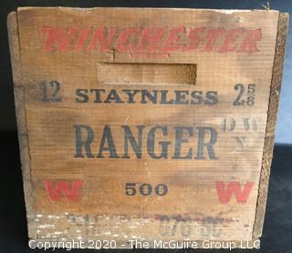 Winchester Staynless Small Arms Ammunition Loaded Shot Shells Wood Crate.  Measures approximately 14" x 9" x 9".
