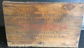 Winchester Staynless Small Arms Ammunition Loaded Shot Shells Wood Crate.  Measures approximately 14" x 9" x 9".
