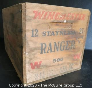 Winchester Staynless Small Arms Ammunition Loaded Shot Shells Wood Crate.  Measures approximately 14" x 9" x 9".
