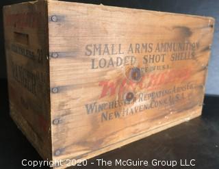 Winchester Staynless Small Arms Ammunition Loaded Shot Shells Wood Crate.  Measures approximately 14" x 9" x 9".
