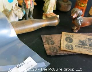 Group of Miscellaneous Items.  Includes Wood Juggling Pins, Carved Figures, Porcelain Figures, Faux Money and Large Duck Toy Made by Remple of Akron OH.