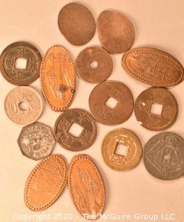 Lot of 15 Foreign Coins and Souvenir Rolled Pennies