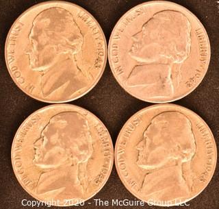 Lot of 4 Silver War Nickels Dated 1942, 1943 & 1945