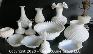 Thirteen Pieces of Hobnail Milk Glass.  