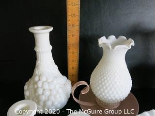 Thirteen Pieces of Hobnail Milk Glass.  