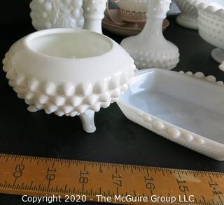 Thirteen Pieces of Hobnail Milk Glass.  