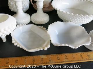 Thirteen Pieces of Hobnail Milk Glass.  