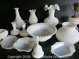 Thirteen Pieces of Hobnail Milk Glass.  