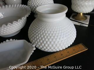 Thirteen Pieces of Hobnail Milk Glass.  