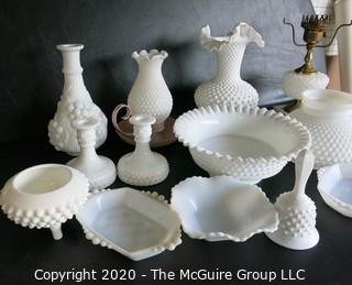 Thirteen Pieces of Hobnail Milk Glass.  