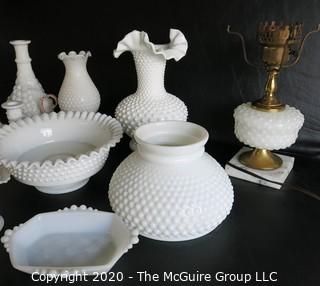 Thirteen Pieces of Hobnail Milk Glass.  