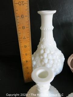 Thirteen Pieces of Hobnail Milk Glass.  