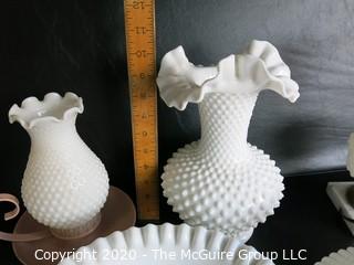 Thirteen Pieces of Hobnail Milk Glass.  