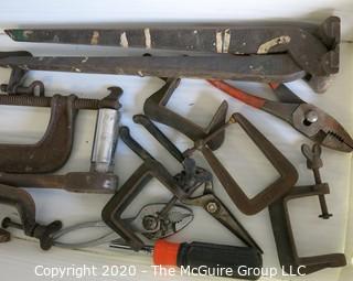 Group of Vintage Tools Includes C Clamps, Monkey Wrench and Fence Wire Cutter or Pincer.