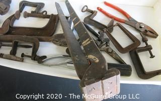 Group of Vintage Tools Includes C Clamps, Monkey Wrench and Fence Wire Cutter or Pincer.