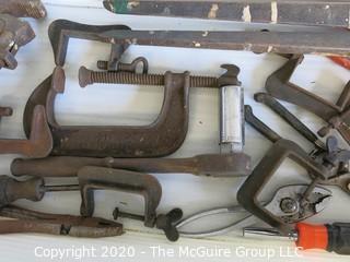 Group of Vintage Tools Includes C Clamps, Monkey Wrench and Fence Wire Cutter or Pincer.