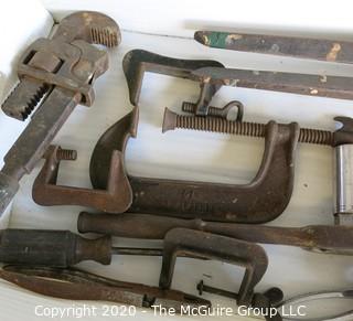 Group of Vintage Tools Includes C Clamps, Monkey Wrench and Fence Wire Cutter or Pincer.