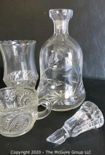 Group of 9 Pieces of Glassware and Crystal.  Chip in decanter stopper. 