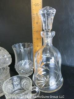 Group of 9 Pieces of Glassware and Crystal.  Chip in decanter stopper. 