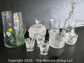 Group of 9 Pieces of Glassware and Crystal.  Chip in decanter stopper. 