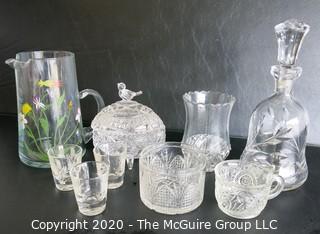 Group of 9 Pieces of Glassware and Crystal.  Chip in decanter stopper. 