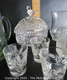 Group of 9 Pieces of Glassware and Crystal.  Chip in decanter stopper. 