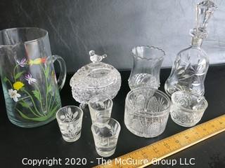 Group of 9 Pieces of Glassware and Crystal.  Chip in decanter stopper. 