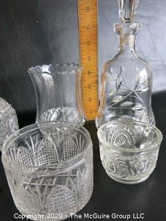 Group of 9 Pieces of Glassware and Crystal.  Chip in decanter stopper. 