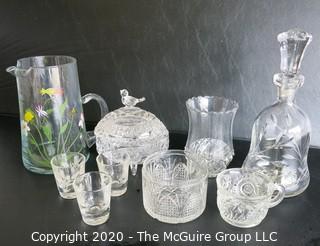 Group of 9 Pieces of Glassware and Crystal.  Chip in decanter stopper. 