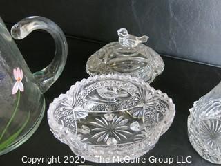 Group of 9 Pieces of Glassware and Crystal.  Chip in decanter stopper. 