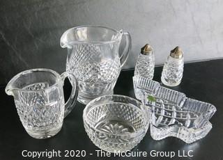 Six Pieces of Waterford Cut Crystal. Includes 2 Pitchers, Bowl, Christmas Dish & Pepper Shakers. 