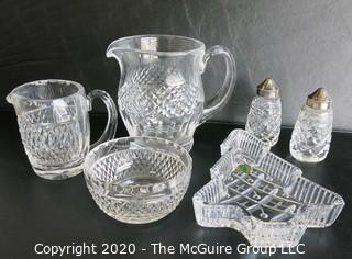 Six Pieces of Waterford Cut Crystal. Includes 2 Pitchers, Bowl, Christmas Dish & Pepper Shakers. 