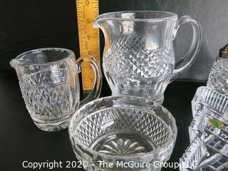 Six Pieces of Waterford Cut Crystal. Includes 2 Pitchers, Bowl, Christmas Dish & Pepper Shakers. 