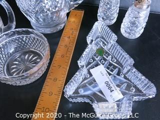 Six Pieces of Waterford Cut Crystal. Includes 2 Pitchers, Bowl, Christmas Dish & Pepper Shakers. 