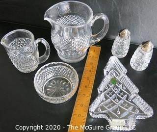 Six Pieces of Waterford Cut Crystal. Includes 2 Pitchers, Bowl, Christmas Dish & Pepper Shakers. 