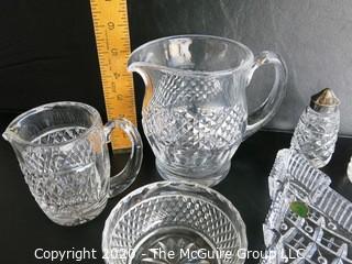 Six Pieces of Waterford Cut Crystal. Includes 2 Pitchers, Bowl, Christmas Dish & Pepper Shakers. 