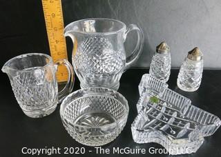 Six Pieces of Waterford Cut Crystal. Includes 2 Pitchers, Bowl, Christmas Dish & Pepper Shakers. 