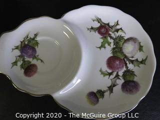 Porcelain Bone China Teacup and Toast Snack Plate in Dundee Thistle pattern made by Queen Anne in England.