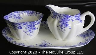 Porcelain Bone China Creamer and Sugar Bowl with Tray in "Dainty Blue" Pattern made by Shelley in England.