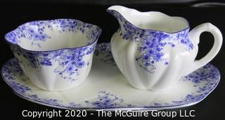 Porcelain Bone China Creamer and Sugar Bowl with Tray in "Dainty Blue" Pattern made by Shelley in England.