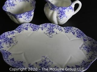 Porcelain Bone China Creamer and Sugar Bowl with Tray in "Dainty Blue" Pattern made by Shelley in England.